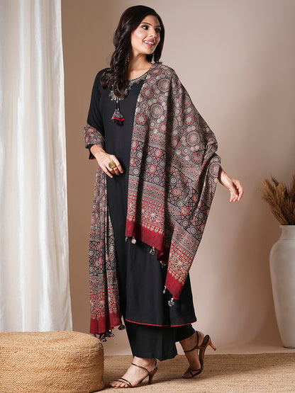 Solid Ethnic Embroidered A-Line Paneled Kurta with Palazzo and Dupatta - Black