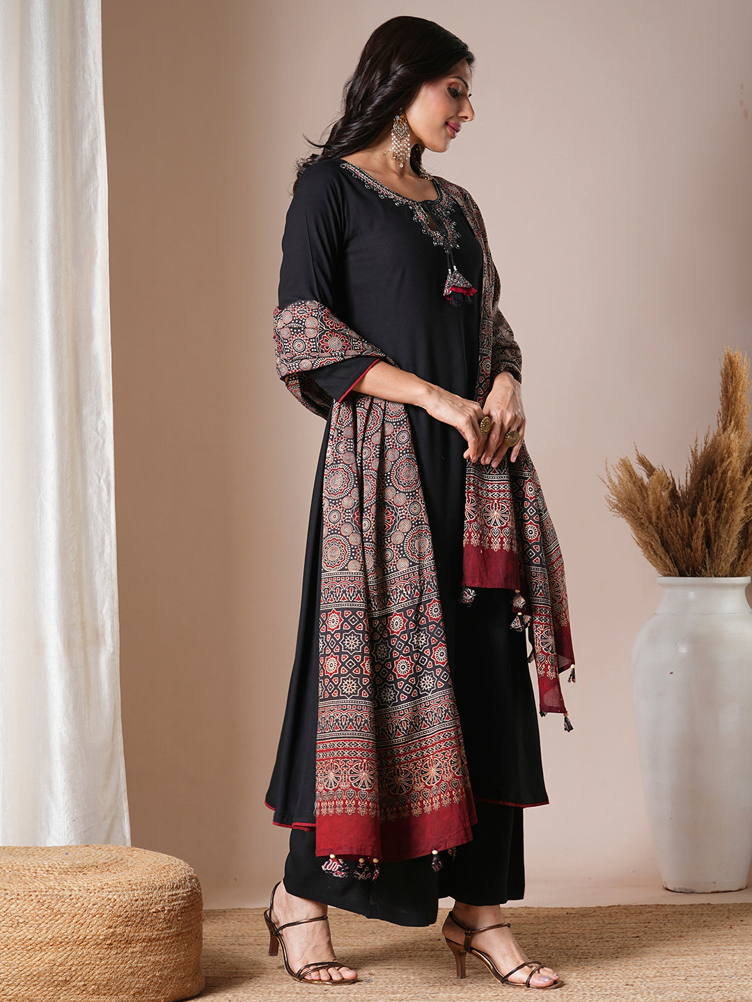 Solid Ethnic Embroidered A-Line Paneled Kurta with Palazzo and Dupatta - Black