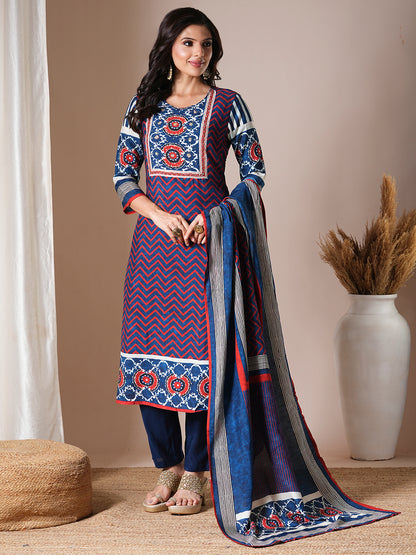 Floral Printed & Embroidered Straight Kurta with Pant & Dupatta -Blue