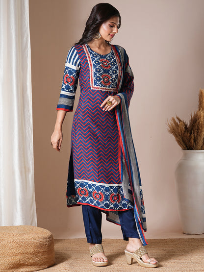 Floral Printed & Embroidered Straight Kurta with Pant & Dupatta -Blue