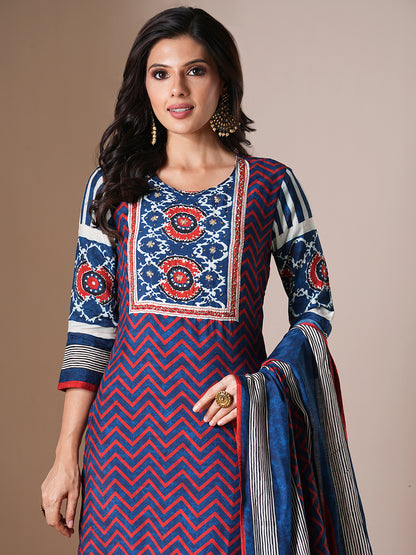 Floral Printed & Embroidered Straight Kurta with Pant & Dupatta -Blue