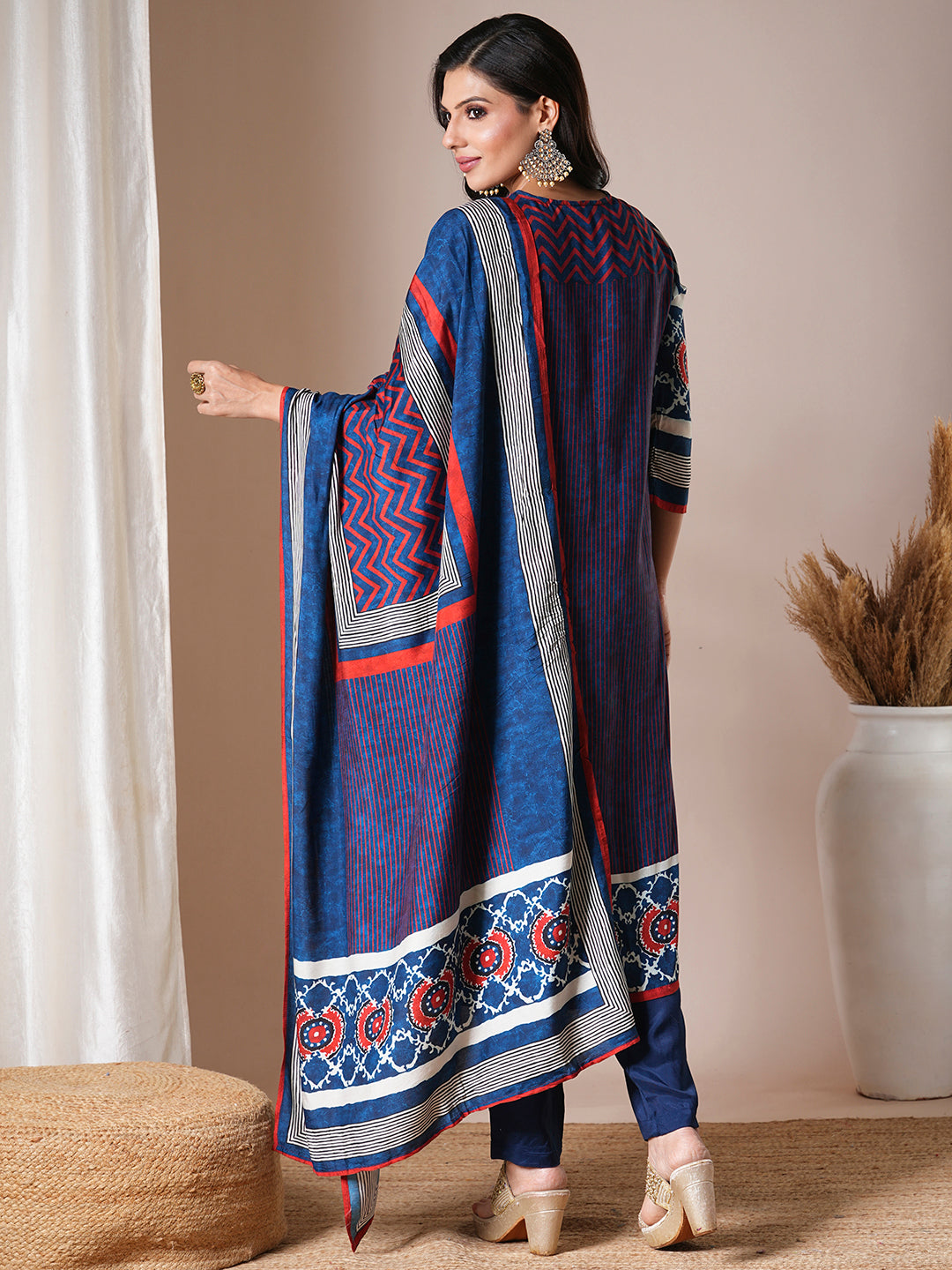 Floral Printed & Embroidered Straight Kurta with Pant & Dupatta -Blue