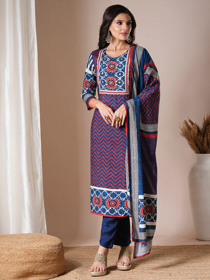 Floral Printed & Embroidered Straight Kurta with Pant & Dupatta -Blue