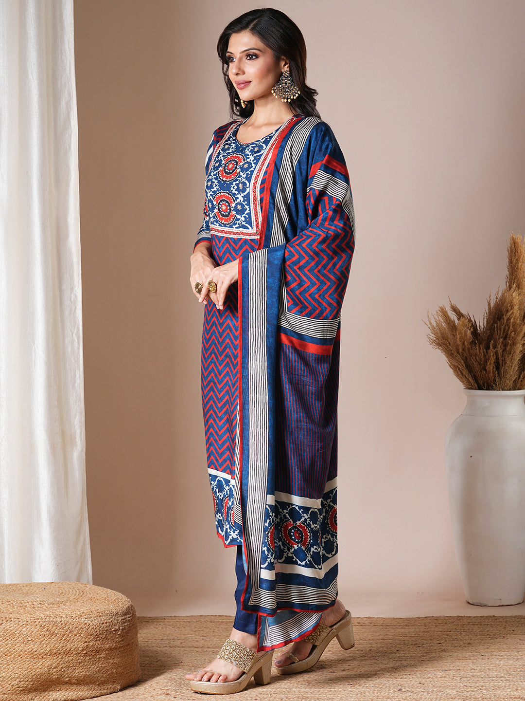 Floral Printed & Embroidered Straight Kurta with Pant & Dupatta -Blue