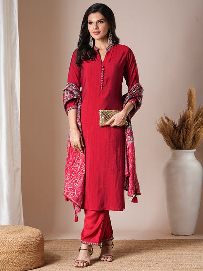 Solid Ethnic Embroidered Straight Fit Kurta with Pant & Dupatta - Red