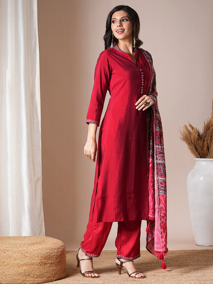 Solid Ethnic Embroidered Straight Fit Kurta with Pant & Dupatta - Red