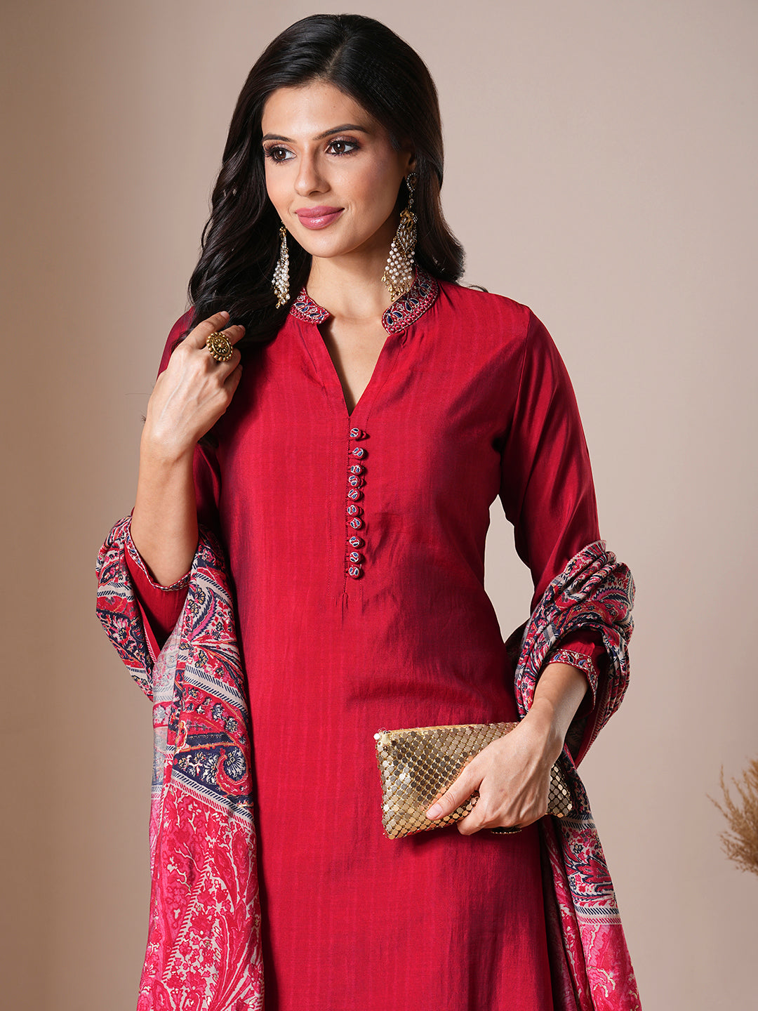 Solid Ethnic Embroidered Straight Fit Kurta with Pant & Dupatta - Red