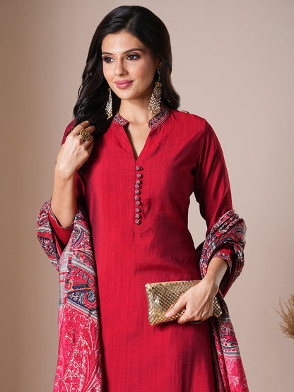 Solid Ethnic Embroidered Straight Fit Kurta with Pant & Dupatta - Red