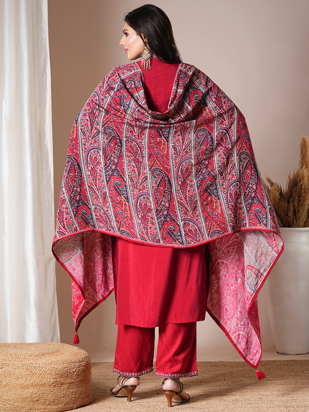 Solid Ethnic Embroidered Straight Fit Kurta with Pant & Dupatta - Red