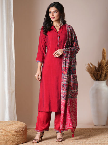 Solid Ethnic Embroidered Straight Fit Kurta with Pant & Dupatta - Red