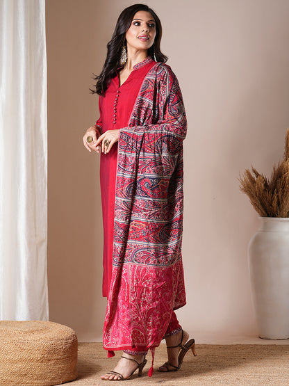 Solid Ethnic Embroidered Straight Fit Kurta with Pant & Dupatta - Red