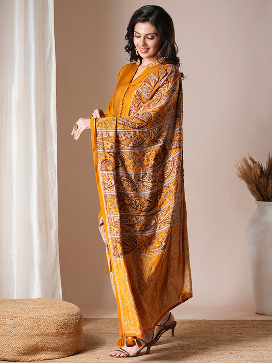 Solid Ethnic Embroidered Straight Fit Kurta with Pant & Dupatta - Mustard