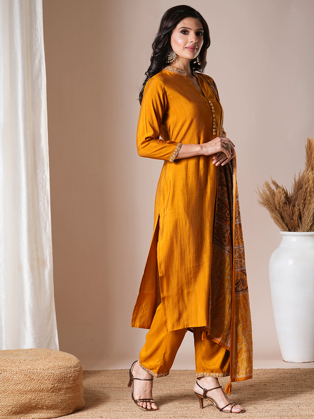 Solid Ethnic Embroidered Straight Fit Kurta with Pant & Dupatta - Mustard