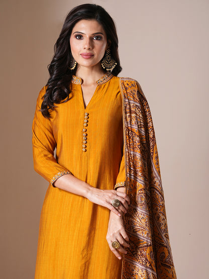 Solid Ethnic Embroidered Straight Fit Kurta with Pant & Dupatta - Mustard