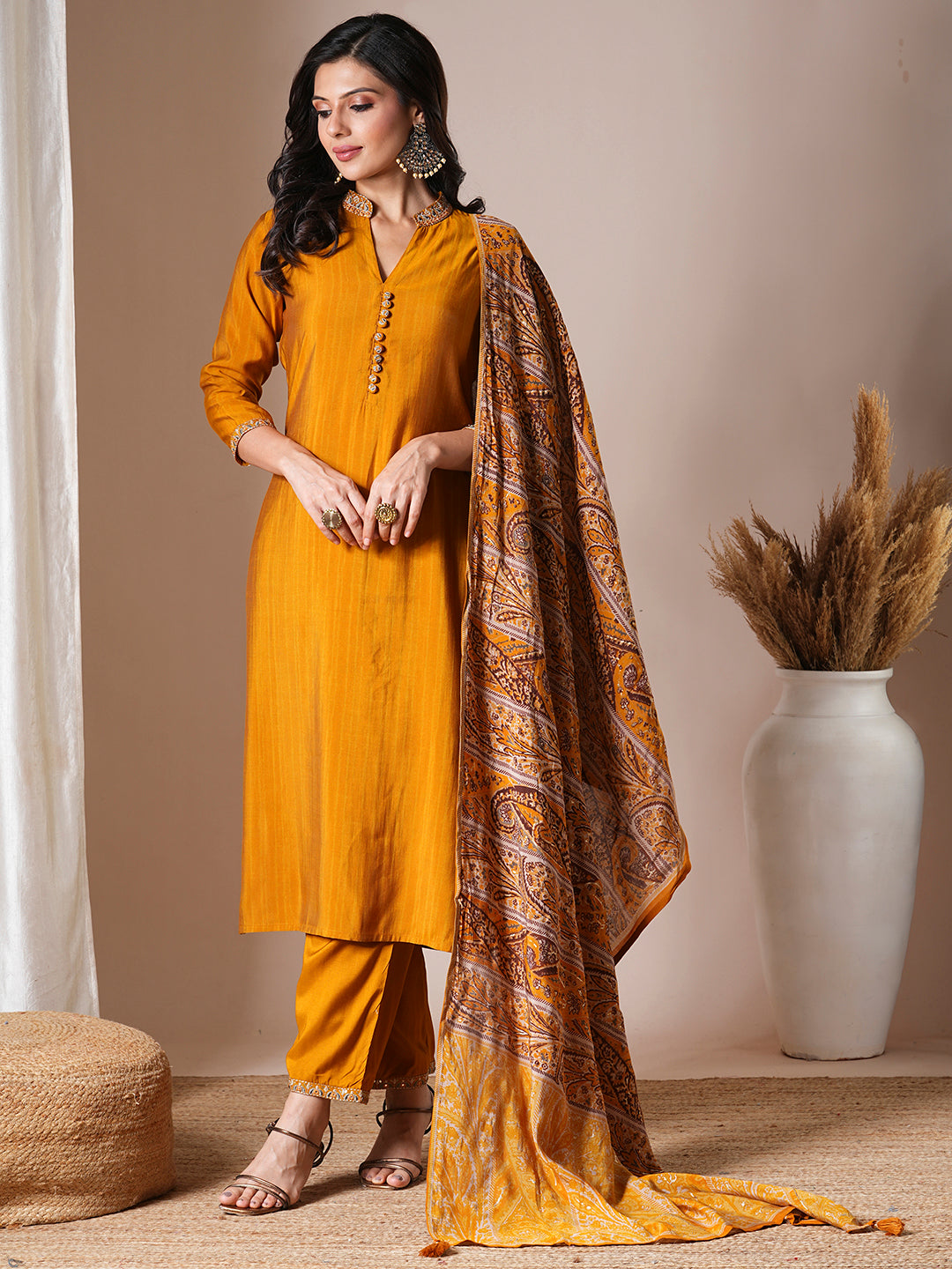 Solid Ethnic Embroidered Straight Fit Kurta with Pant & Dupatta - Mustard