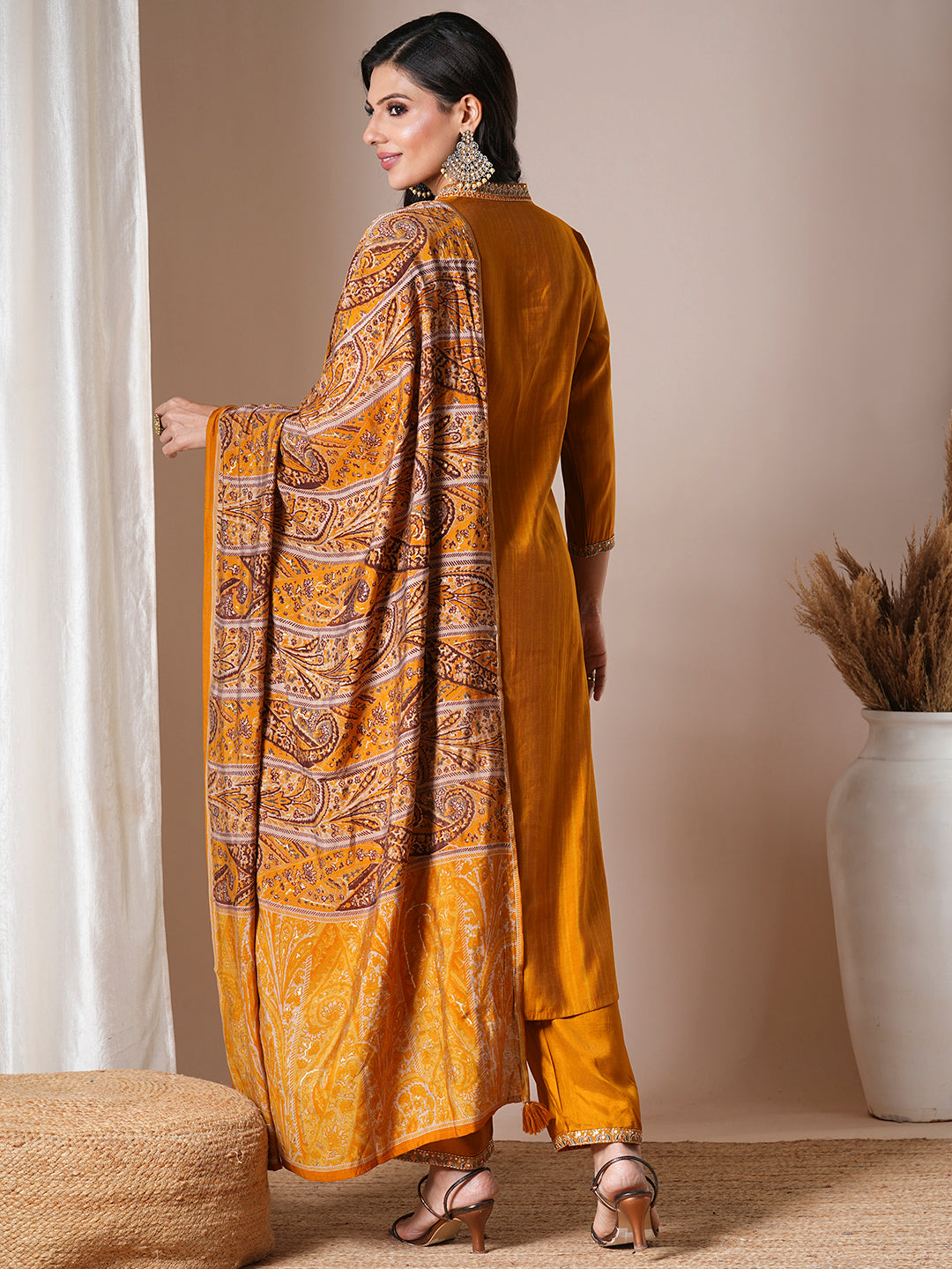 Solid Ethnic Embroidered Straight Fit Kurta with Pant & Dupatta - Mustard