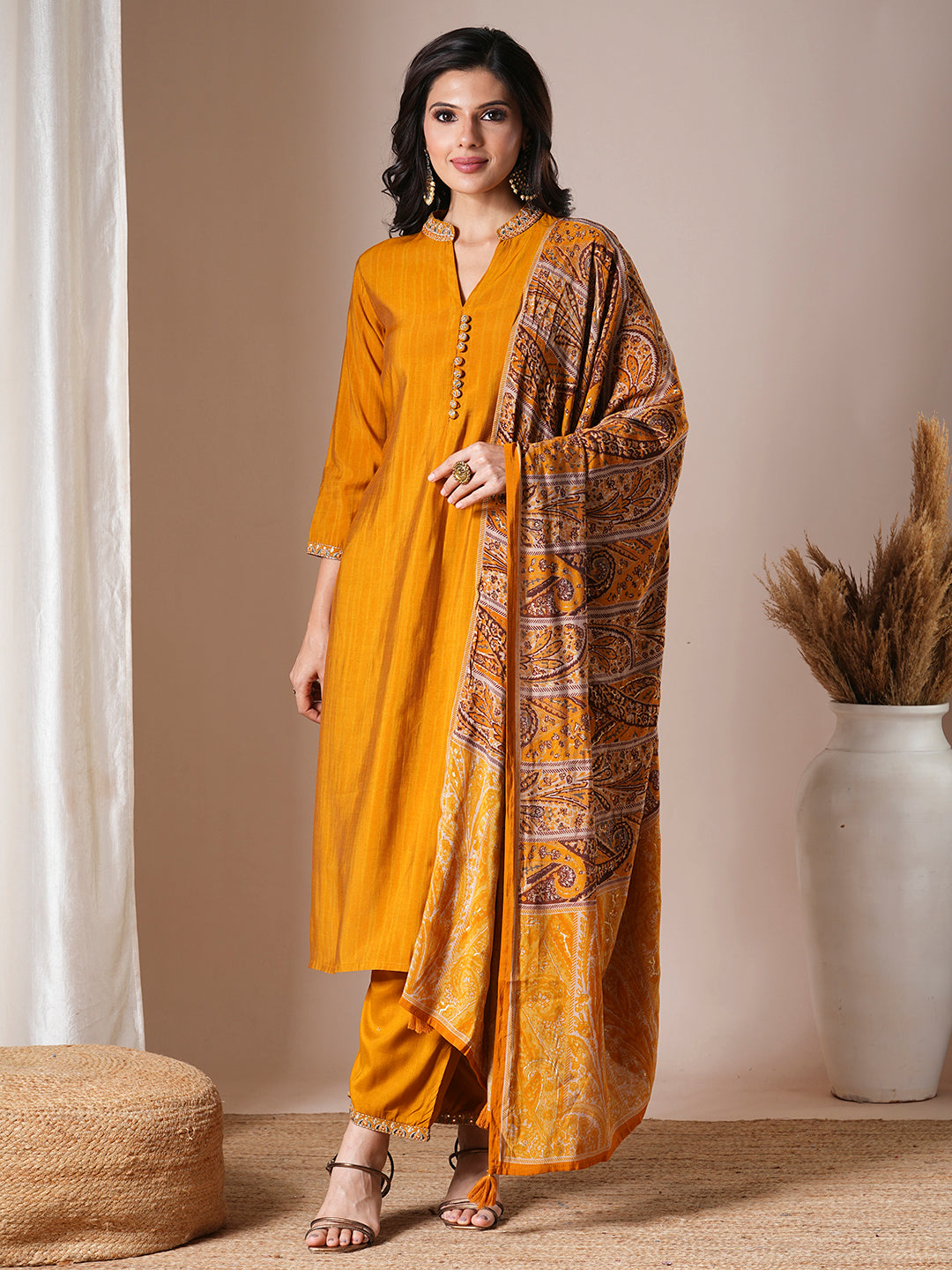 Solid Ethnic Embroidered Straight Fit Kurta with Pant & Dupatta - Mustard