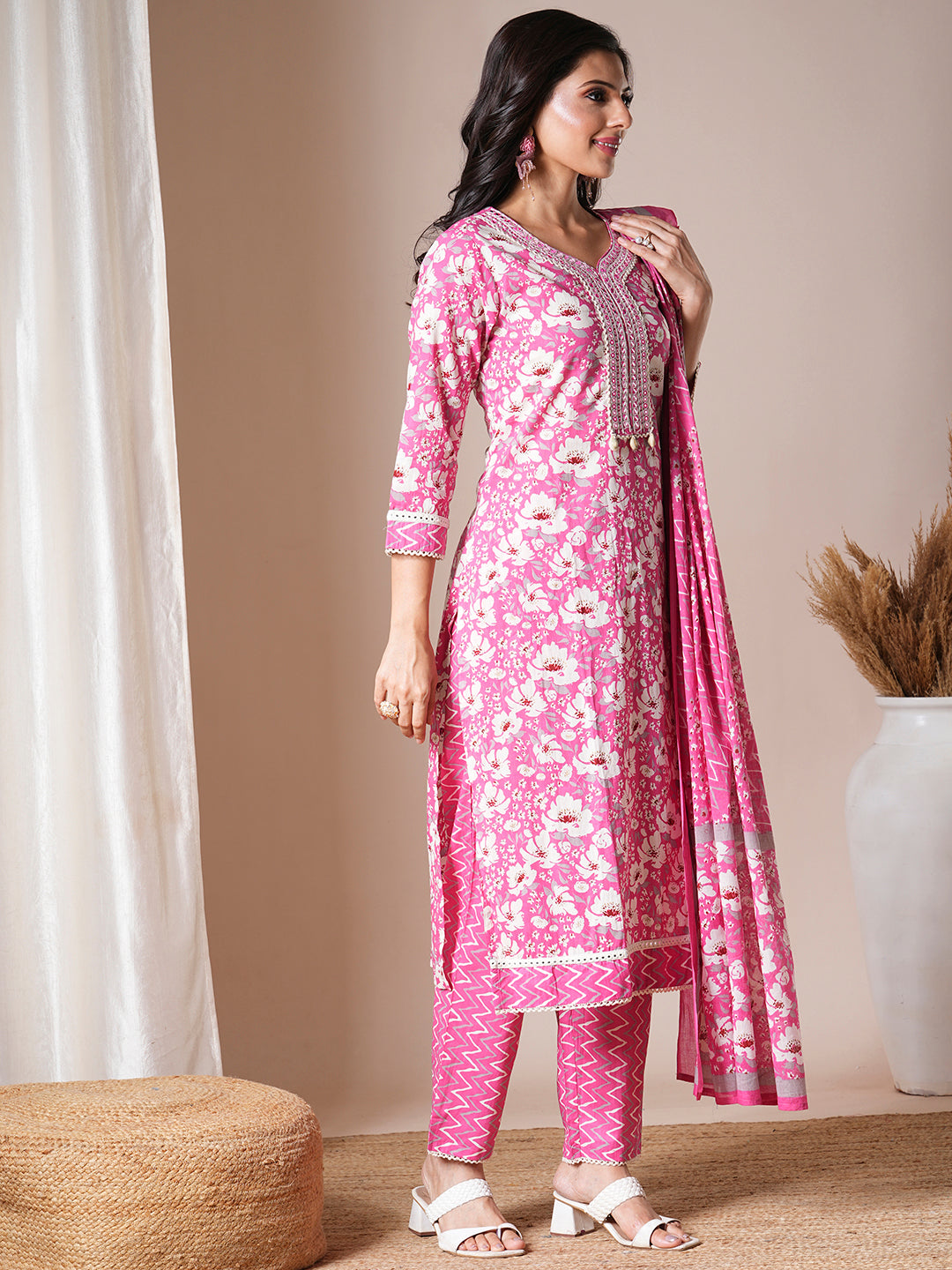 Floral Printed & Embroidered Straight Fit Kurta with Pant & Dupatta - Pink