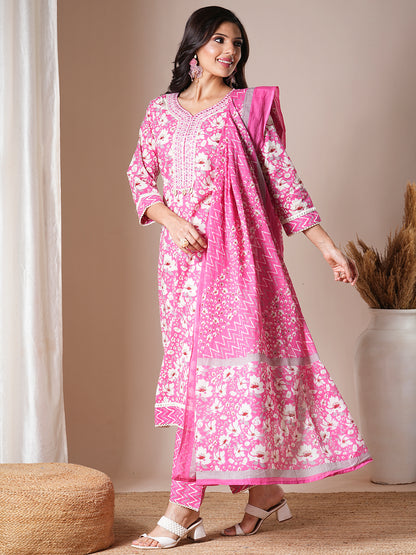 Floral Printed & Embroidered Straight Fit Kurta with Pant & Dupatta - Pink