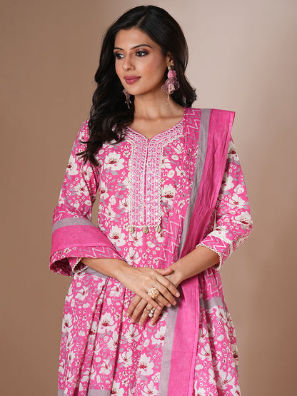 Floral Printed & Embroidered Straight Fit Kurta with Pant & Dupatta - Pink