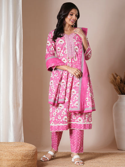 Floral Printed & Embroidered Straight Fit Kurta with Pant & Dupatta - Pink