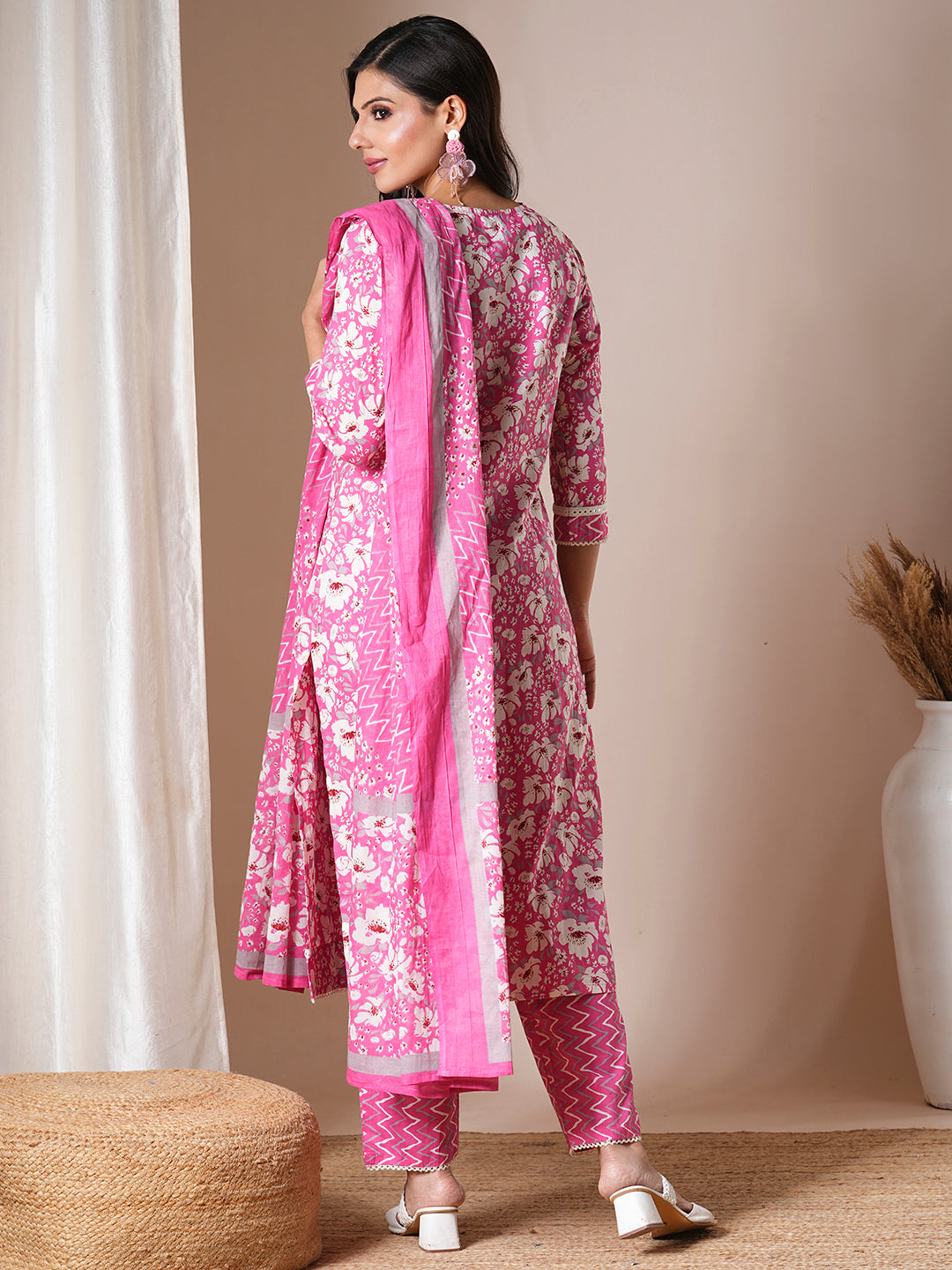 Floral Printed & Embroidered Straight Fit Kurta with Pant & Dupatta - Pink