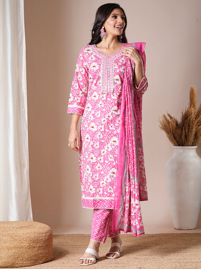 Floral Printed & Embroidered Straight Fit Kurta with Pant & Dupatta - Pink