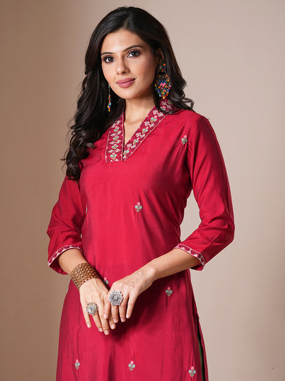 Solid Ethnic Embroidered Straight Fit Kurta - Red