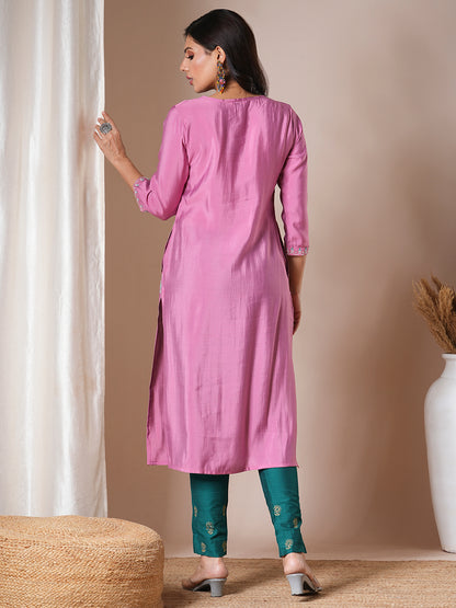 Solid Floral Embroidered Straight Fit Kurta - Pink