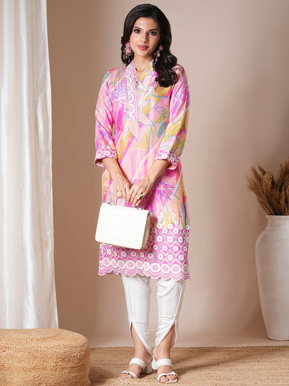 Abstract Printed & Embroidered Straight Kurta with Dhoti Pant - Multi