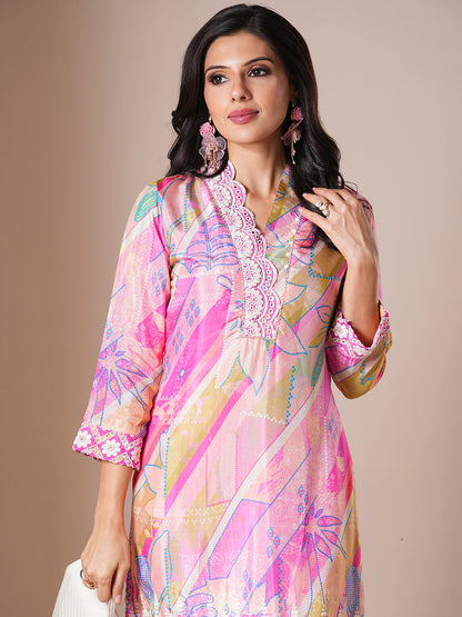 Abstract Printed & Embroidered Straight Kurta with Dhoti Pant - Multi