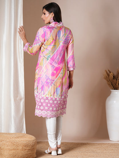 Abstract Printed & Embroidered Straight Kurta with Dhoti Pant - Multi