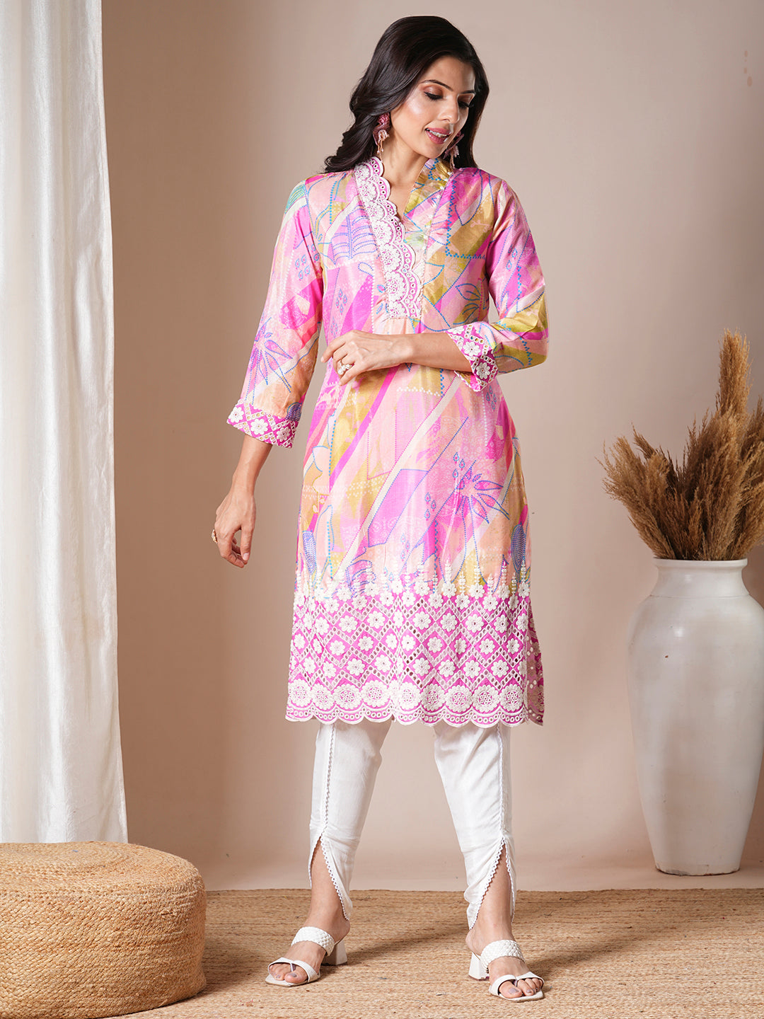 Abstract Printed & Embroidered Straight Kurta with Dhoti Pant - Multi