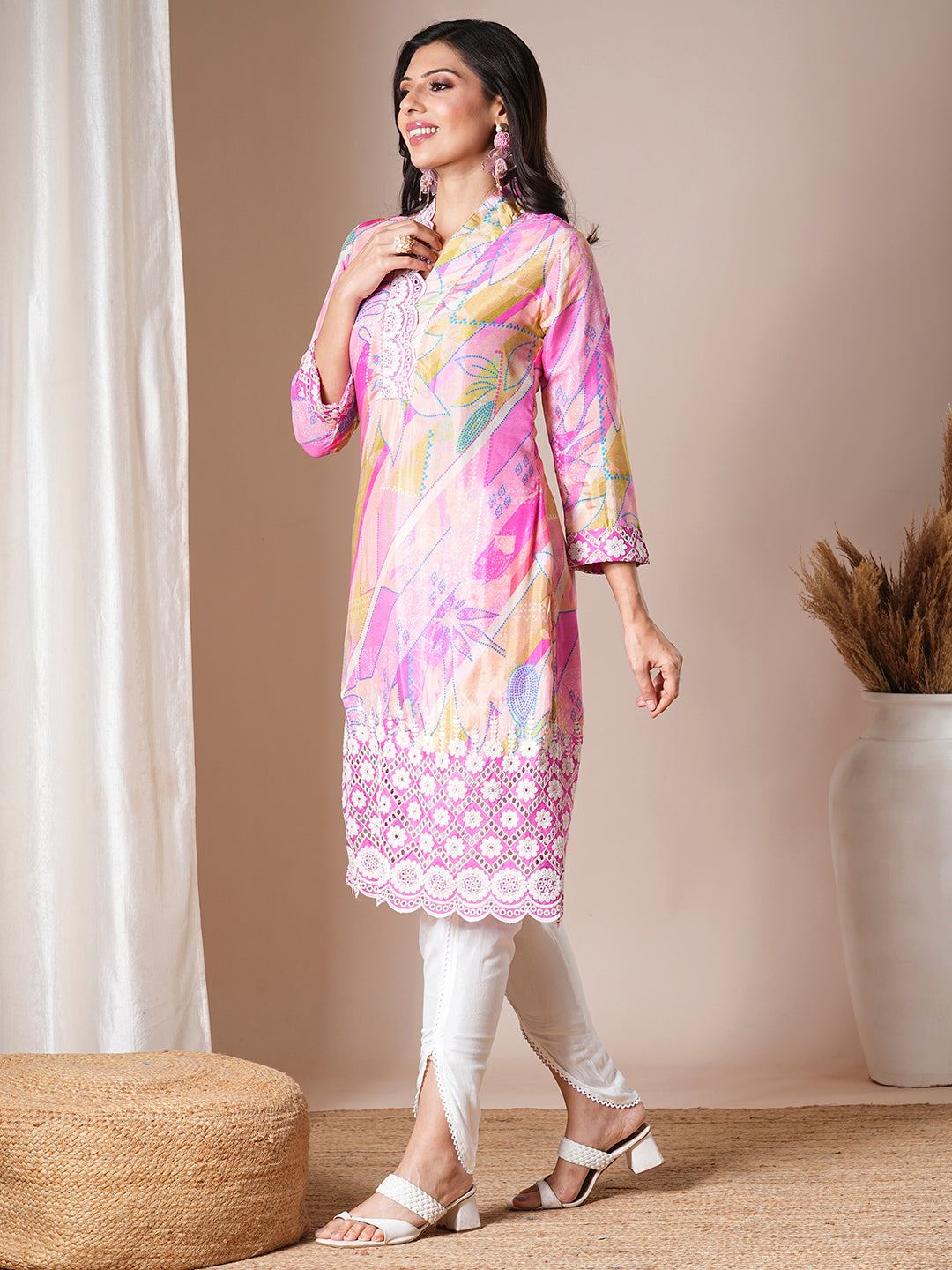 Abstract Printed & Embroidered Straight Kurta with Dhoti Pant - Multi