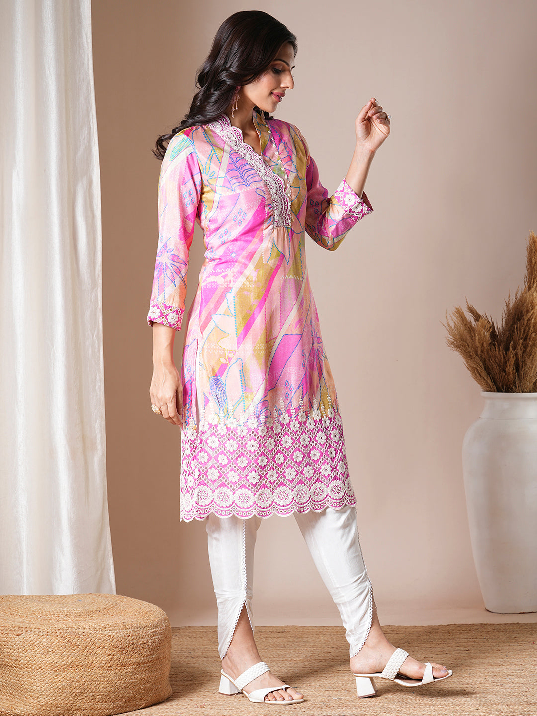 Abstract Printed & Embroidered Straight Kurta with Dhoti Pant - Multi