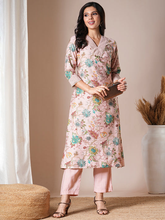 Ethnic Floral Printed Straight Fit Kurta with Pant - Pink