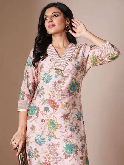 Ethnic Floral Printed Straight Fit Kurta with Pant - Pink