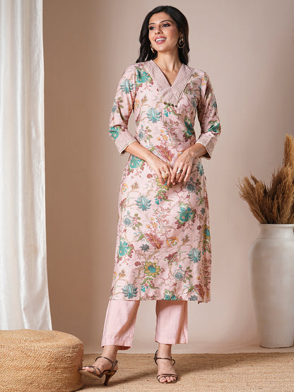 Ethnic Floral Printed Straight Fit Kurta with Pant - Pink