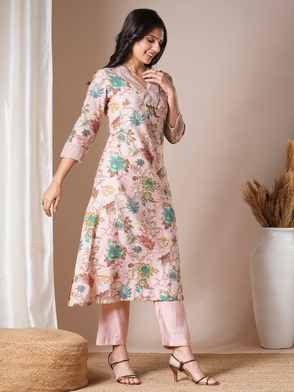 Ethnic Floral Printed Straight Fit Kurta with Pant - Pink