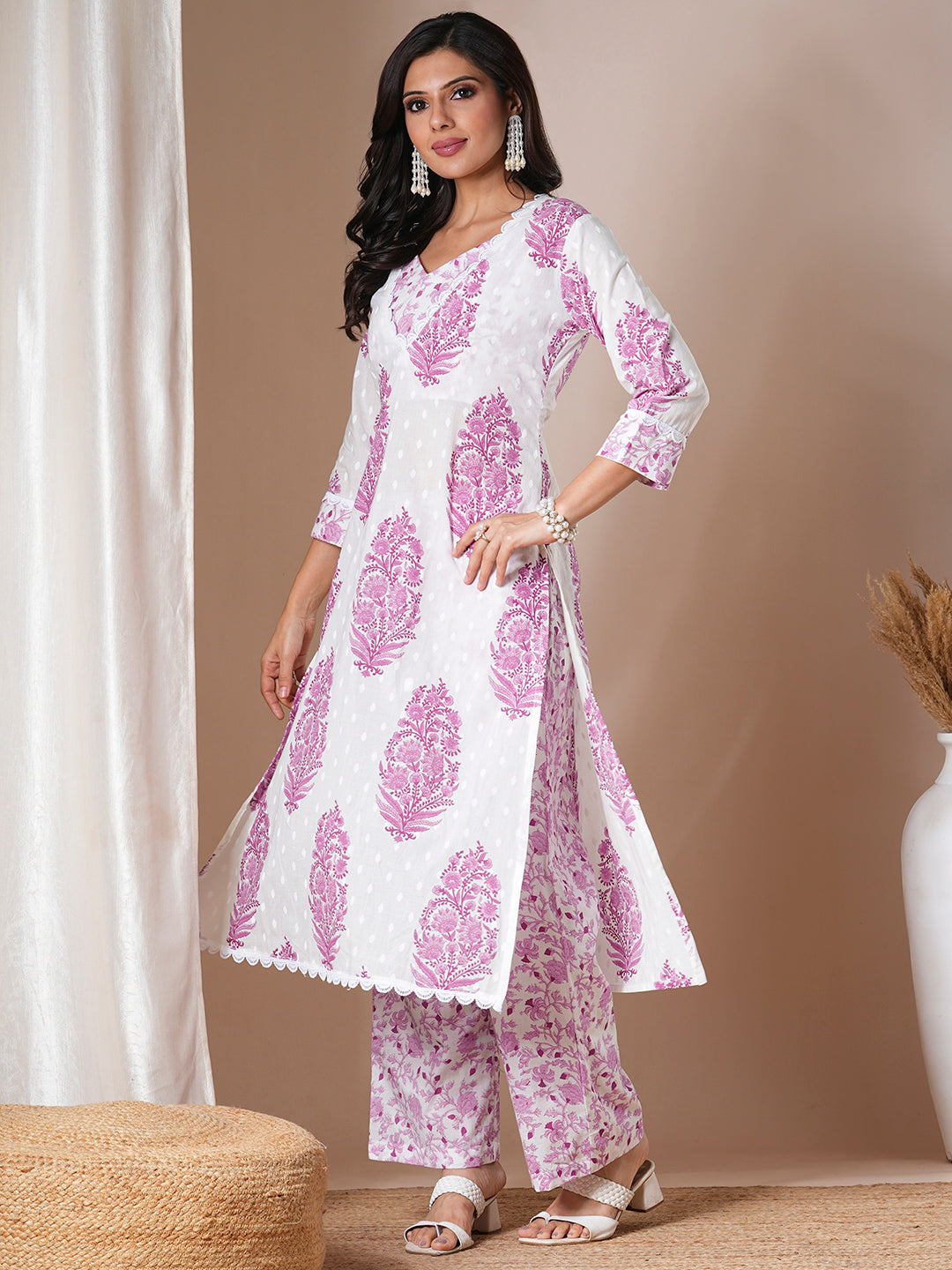 Ethnic Floral Printed A-Line Kurta with Palazzo - White