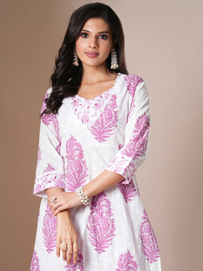 Ethnic Floral Printed A-Line Kurta with Palazzo - White