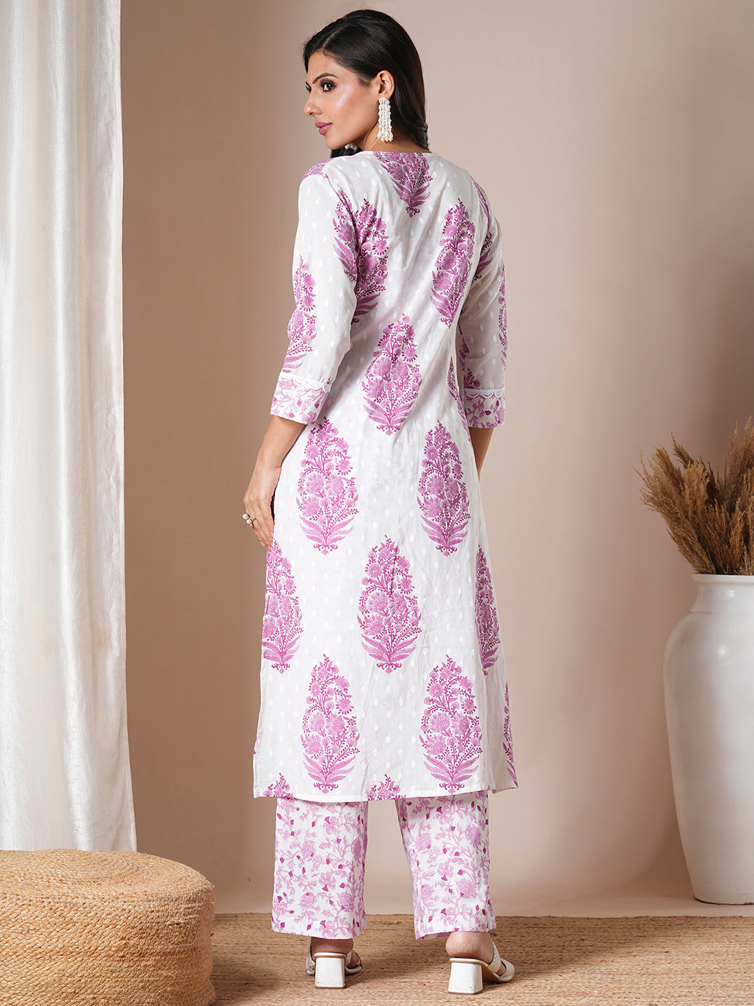 Ethnic Floral Printed A-Line Kurta with Palazzo - White