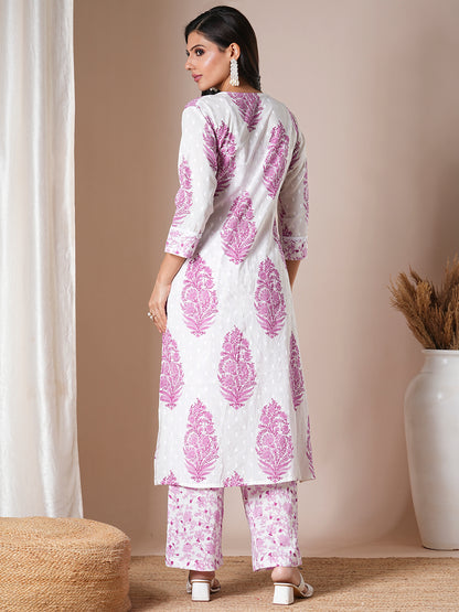 Ethnic Floral Printed A-Line Kurta with Palazzo - White