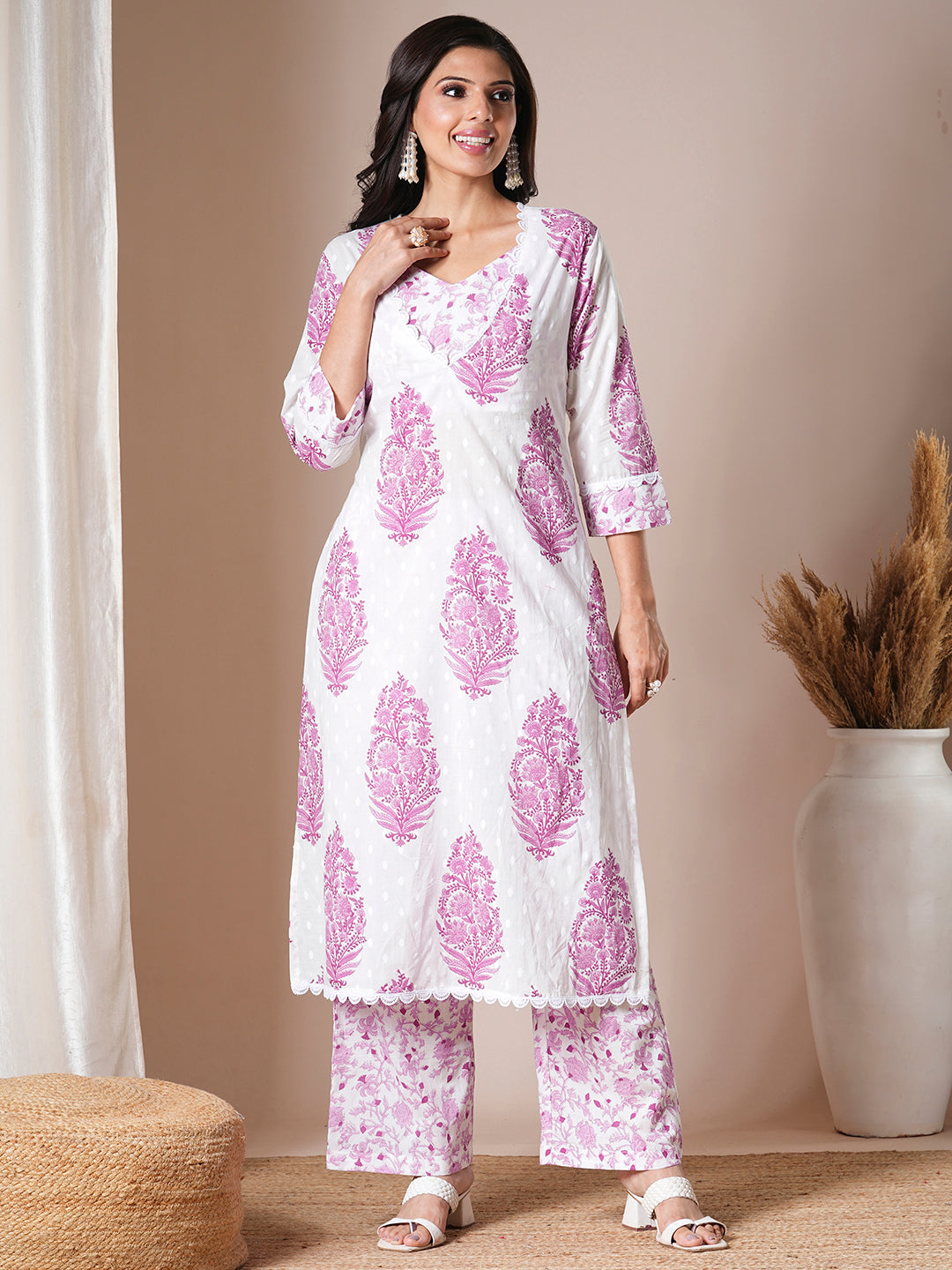 Ethnic Floral Printed A-Line Kurta with Palazzo - White