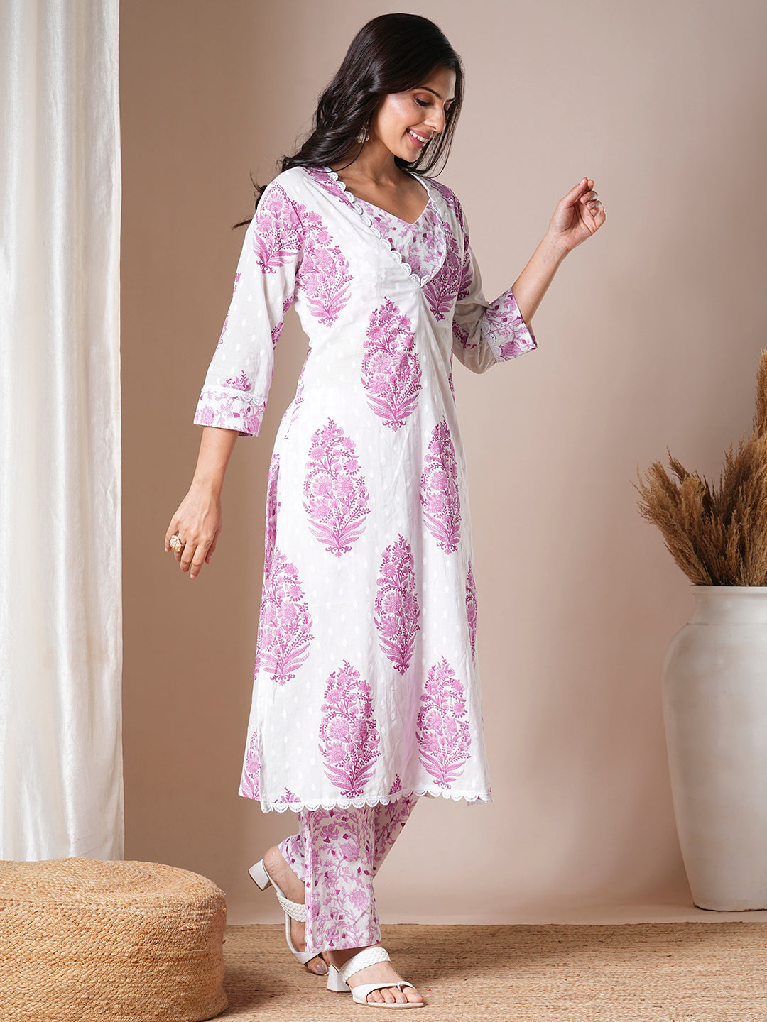 Ethnic Floral Printed A-Line Kurta with Palazzo - White