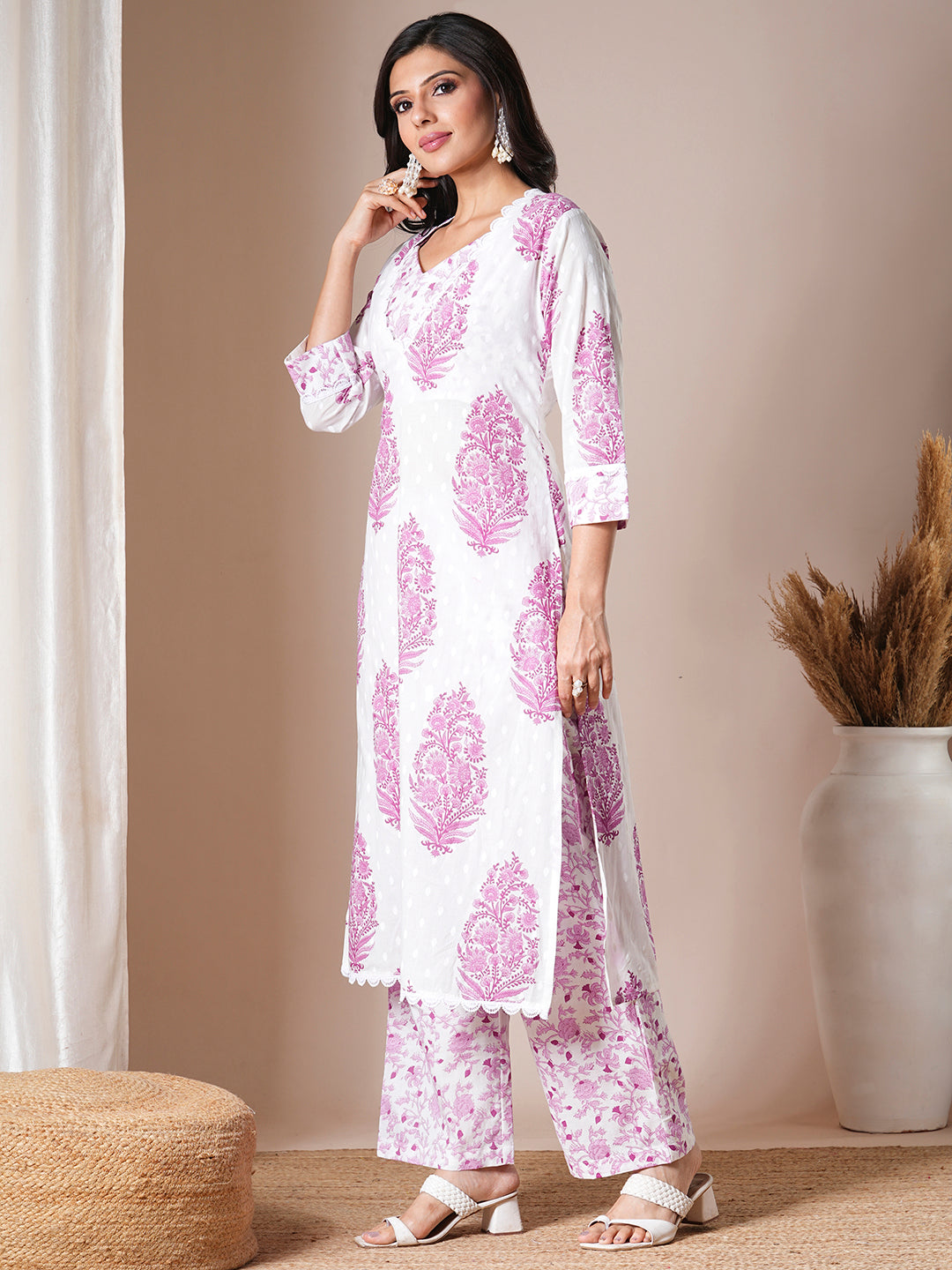 Ethnic Floral Printed A-Line Kurta with Palazzo - White