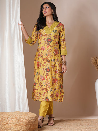 Ethnic Floral Printed Straight Fit Kurta with Pant - Yellow