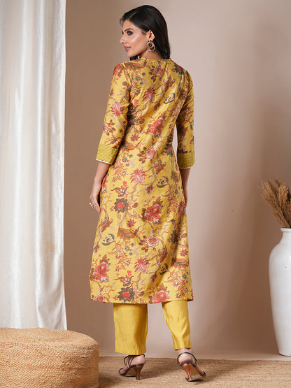 Ethnic Floral Printed Straight Fit Kurta with Pant - Yellow