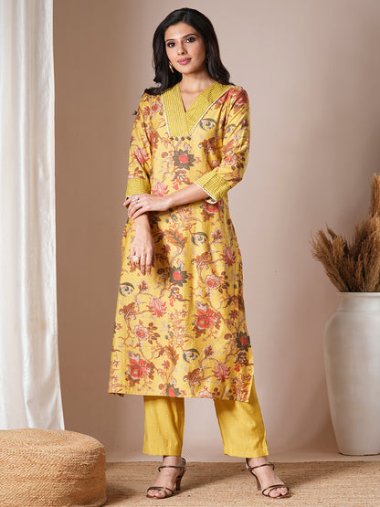 Ethnic Floral Printed Straight Fit Kurta with Pant - Yellow