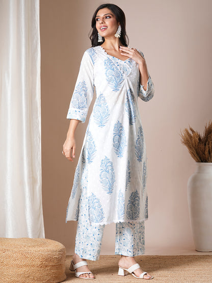 Ethnic Floral Printed A-Line Kurta with Palazzo - White